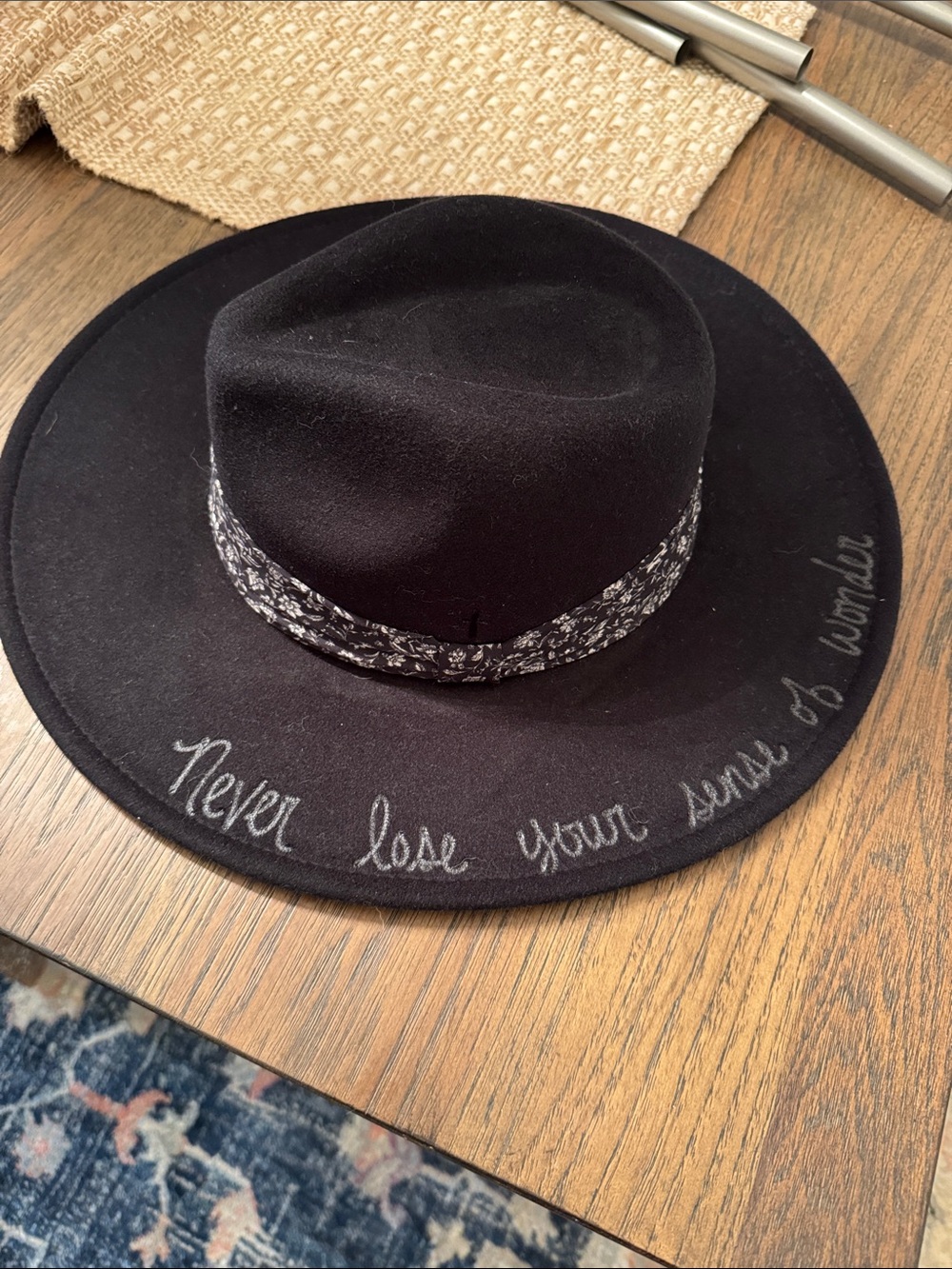 Black Felt Wide-Brim Hat with Floral Band
